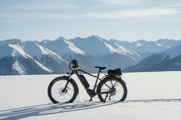 ebike standing sideways in the snow, in the winter with snow filled mountains the background